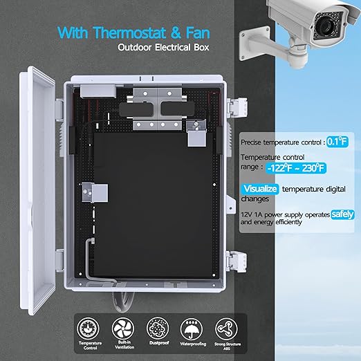Outdoor Electrical Box, Waterproof Electrical Junction Box IP65 ABS Plastic Enclosure with Fan & Thermostat, Mounting Plate and Hinged Lid (15.7" H x 11" L x 5.9" W)