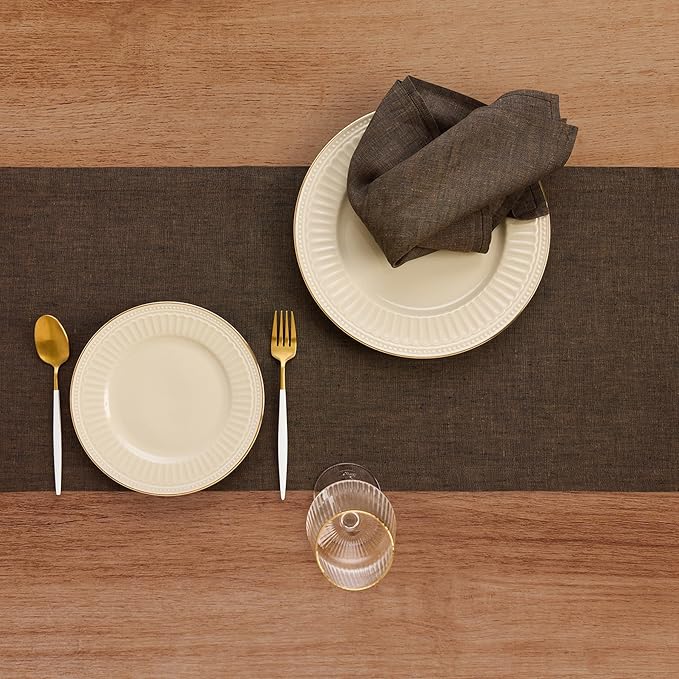 Solino Home Linen Chambray Brown Table Runner 156 Inches Long - Athena, 100% Pure Linen Dining Table Runner 14 x 156 Inch - Handcrafted and Machine Washable