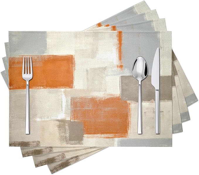 Modern Art Placemats Set of 4 Orange Abstract Painting Place Mats Washable Linen Beige Placemat for Kitchen Dining Table Home Party Banquet Decor 18x12 Inches