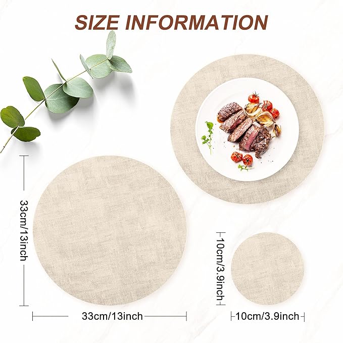 Round Faux Leather Placemats and Coasters, Set of 8, Reversible Heat Resistant Non-Slip Table Mats, Waterproof Wipeable Place Mats for Dining Table, Washable for Indoor & Outdoor (8, Beige)