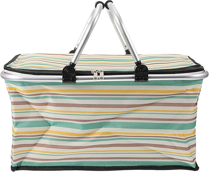 GALPADA Insulated Picnic Basket Multi-Function Cooler Bag for Outdoor Dining Foldable Thermal Tote Thick Aluminum Film Yellow-Green Pattern Without Ice Pack