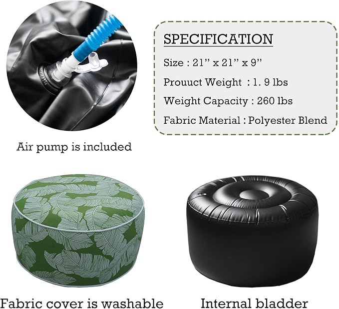 Kozyard Inflatable Ottoman Stool - Portable Round Pouf for Indoor/Outdoor Use - Perfect Small Foot Rest or Seating for Kids and Adults - Ideal for Camping or Home (Green Leaf)
