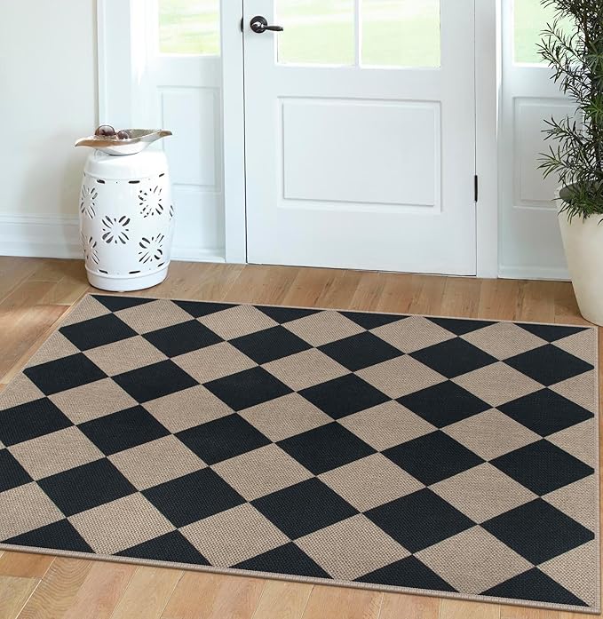 Easy Jute Checkered Area Rug, 3x5 Indoor Outdoor Door Mat Washable Black Modern Diamond Kitchen Rugs, Non-Slip Neutral Farmhouse Throw Carpet for Living Room Patio Kids Room