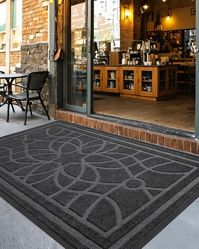 DEXI Front Door Mat Outside Entrance, Heavy Duty Non Slip Low Profile Doormat for Entryway, Trap Dirt and Moisture Welcome Mats, Easy Clean, Patio, Garage, 6x4, Grey
