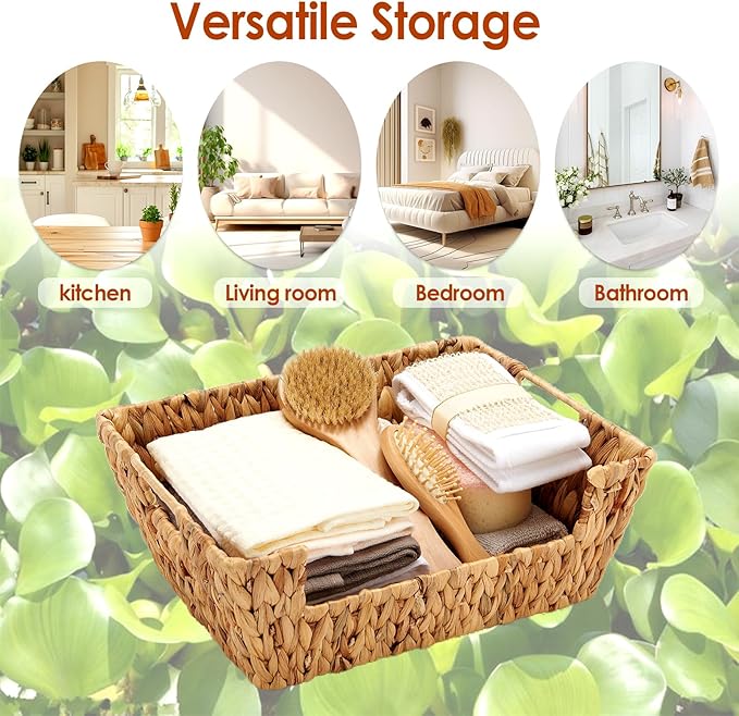 Wicker Baskets 2 Pack, Water Hyacinth Wicker Storage Basket with Handles, Pantry Baskets Organization and Storage, Handmade Large Wickers Baskets for Organizing, Natural