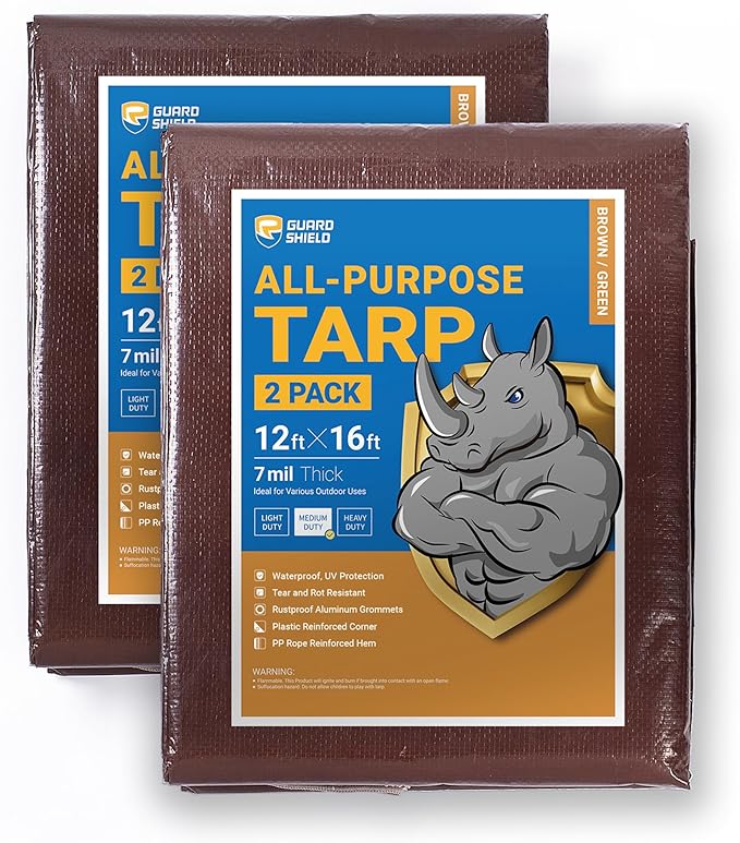 GUARD SHIELD Brown/Green Tarp 12x16 Feet Medium Duty Outdoor Waterproof Multi Purpose Poly Tarps Cover 7mil (2-Pack)