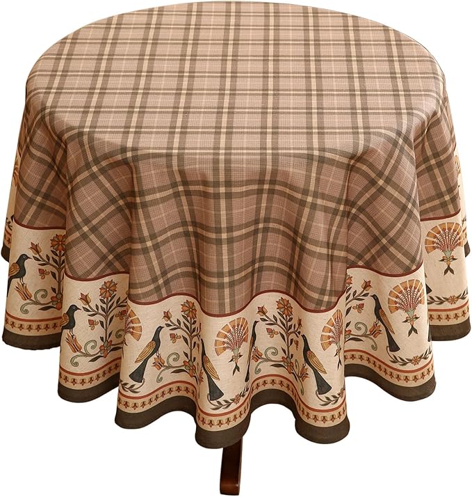 Vintage Brown Checkered Round Tablecloth,Italian Style Wrinkle Resistant Linen Tablecloths,Decor Table Cover for Kitchen,Dining,Tea Party,Thanksgiving,Christmas,Diameter 67"-Seville