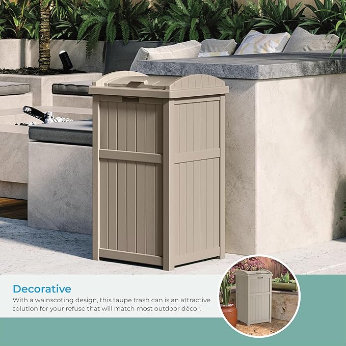 Suncast Hideaway Outdoor Trash Can with Lid - 30 Gallon Trash Can, Light Taupe, Decorative Wicker-Style Garbage Bin, Weather-Resistant Resin Fits 30-33 Gallon Bags, Ideal for Patio & Yard, Made in USA