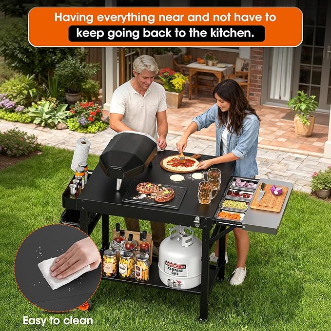 Pizza Oven Table, Grill Cart Table for Ooni Pizza Ovens, Expansive Countertop Pizzas Oven Accessories, Pizzas Stands for Party with Wheels Fits Ooni Blackstone Ninja Cuisinart Gozney