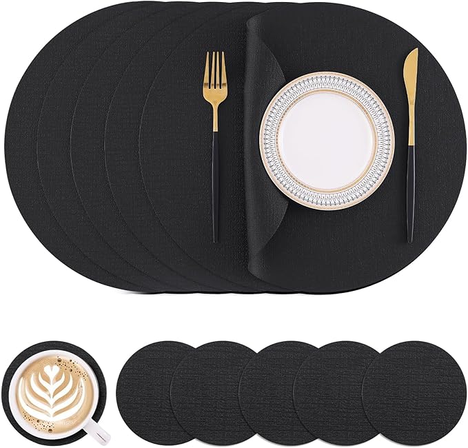 Homaxy Round Faux Leather Placemats and Coasters, Washable Dual-Side Table Mats, Wipeable Heat-Resistant Dining Place Mats for Outdoor and Indoor, Set of 6, Diameter 13 and 3.93 inch, Black