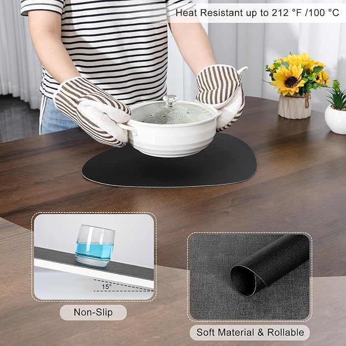 Placemats and Coasters, Washable Reversible Placemats Round Faux Leather Wipeable Place Mats Non Slip Heat Resistant Indoor Outdoor Table Mats (Set of 4, Gray Black)