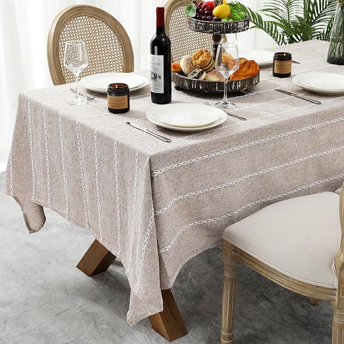 Chassic 60 x 104 inches Farmhouse Style Linen tablecloths, Wrinkle Resistant Washable Dining Room Table Cloths for 6 Foot Rectangle Tables - Light Coffee