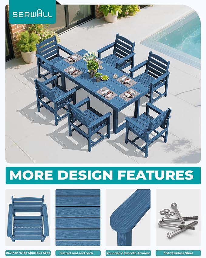 SERWALL HDPE Outdoor Dining Set for 6, 67'' All Weather Patio Dining Table and Chairs Set for Deck, Lawn, Blue