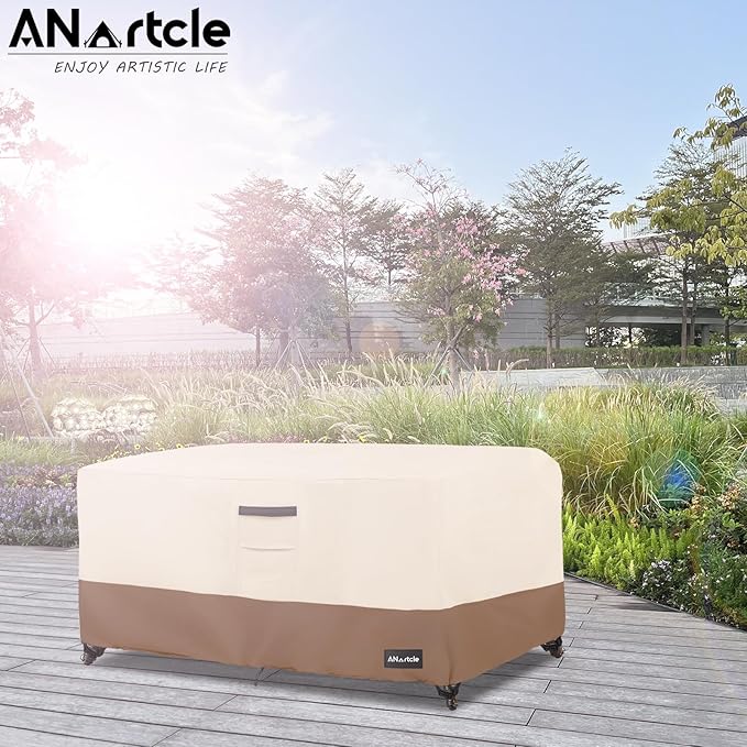 Patio Coffee Table Cover, 600D Waterproof Heavy Duty Rectangular Outdoor Table Cover,Patio Furniture Covers,48 x 28 x 16 inch,Beige&Brown.