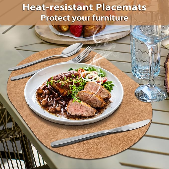 ADRIMER Placemats, Heat Resistant Oval Placemats Set of 12 Washable 12 x 17 Inch, Waterproof Table Mats, Wipeable Pu Place Mats for Kitchen, Dining Room, Light Brown