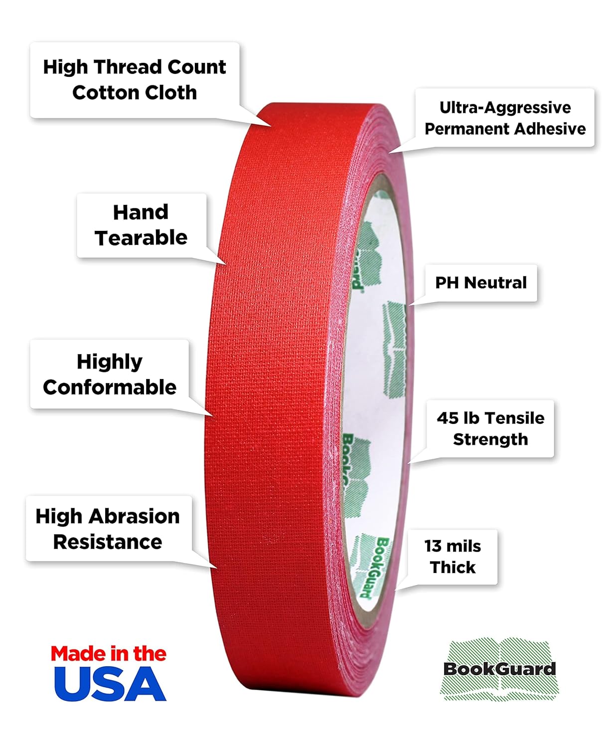 BookGuard 0.75 inch Premium Bookbinding Repair Cloth Tape, 15 Yard Roll, Red