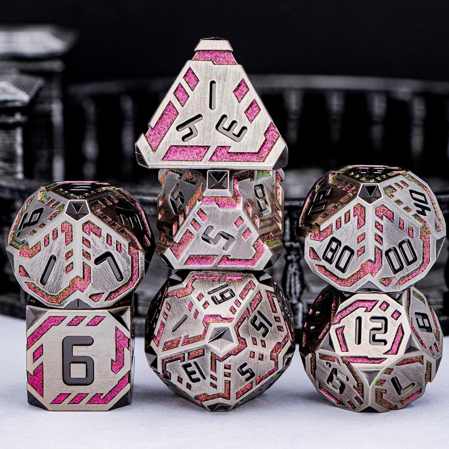 Metal DND Sci-fi Dice Set 7PCS Stripe Polyhedral Dice for Dungeons Dragons RPG Role Playing Game, Glitter D and D Dice with Gift Box D6 D8 D10 D12 D20 (Grey&Purple Red)