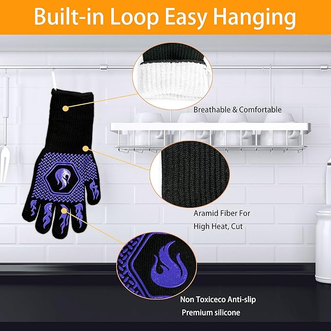 BBQ Fireproof Gloves, Grill Cut-Resistant 1472°F Heat Resistant Gloves, Non-Slip Silicone Oven Gloves, Kitchen Safe Cooking Gloves for Oven Mitts,Barbecue,Cooking, Frying,13.5 Inch-Blue