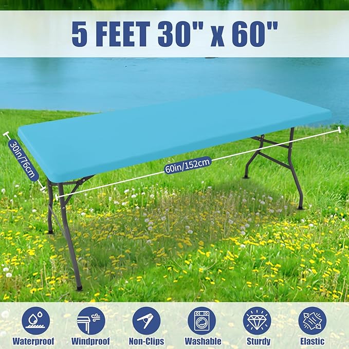 Spandex 5 Foot Rectangle Table Cloth 6 Pack, Elastic Fitted Tablecloths for Picnic, Stretch Washable Patio Table Cover for Outdoor, Camping, Banquet and Parties (Blue Mist, 30"x60")