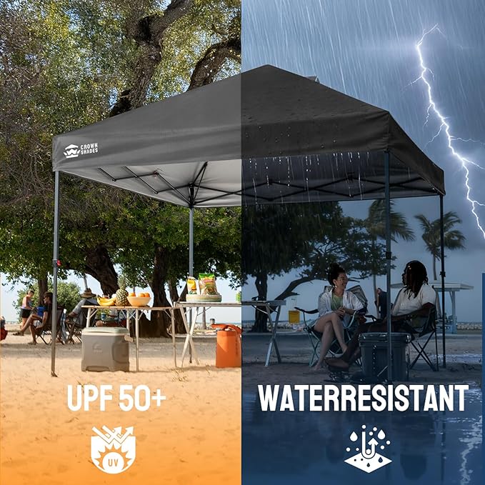 CROWN SHADES 10x10 Pop Up Canopy Tent - Patented Center Lock One Push Instant Outdoor Canopy Beach Tent with STO-N-Go Bag 8 Stakes & 4 Sand Bags，Grid Grey