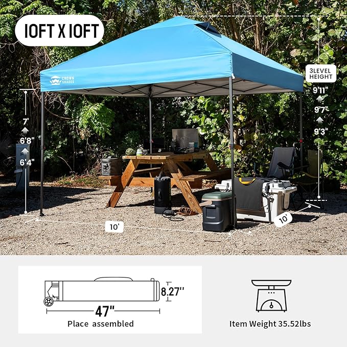 CROWN SHADES 10x10 Pop Up Canopy Tent - Patented Center Lock One Push Instant Outdoor Canopy Beach Tent with STO-N-Go Bag 8 Stakes & 4 Sand Bags，Sky Blue