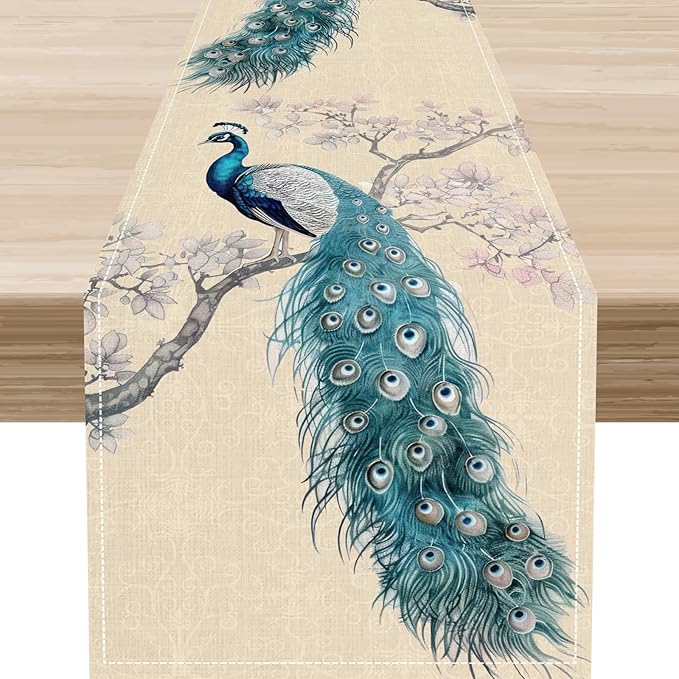 Peacock Table Runner,Retro Rustic Traditional Chinese Style Blossom Branch Table Runner Decor for Home Kitchen Dining Patio Holiday Party Indoor Table Decorations, 13"x72"