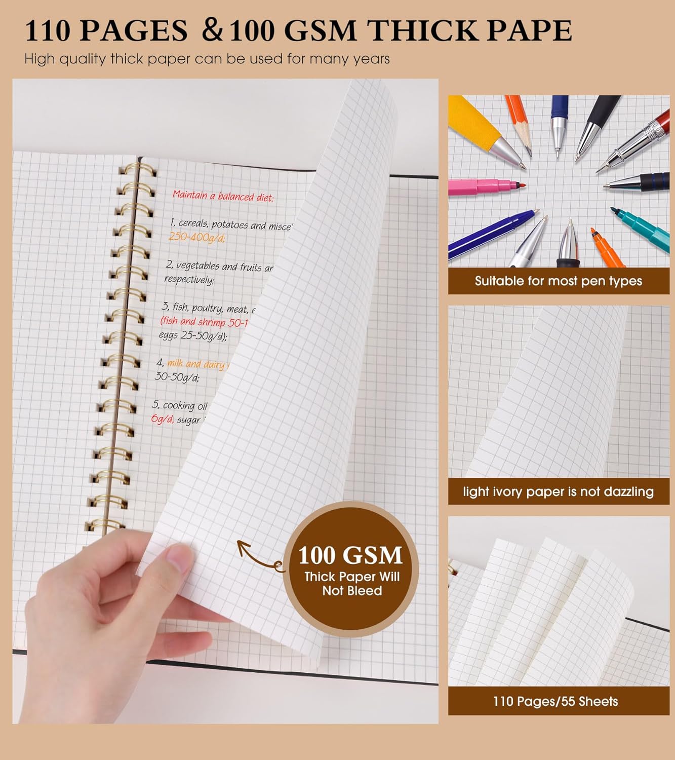 Graph Paper Notebook, Spiral Notebook Journal 8.5” x 11”, A4 Large Grid Notebooks for Women Men, 100 GSM Graph Paper, Plastic Hardcover Spiral Graphing Journals for Work School Engineerin, Black