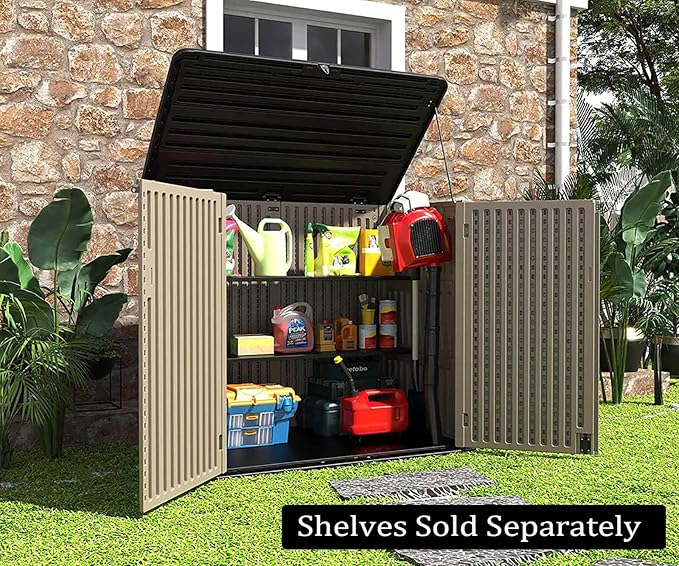 HOMSPARK Storage Shed Weather Resistance, Multi-Purpose Outdoor Storage Cabinet for Backyards and Patios, Horizontal Storage Shed for Lawnmower, Patio Accessories (Coffee,Large - 48 cu.ft)