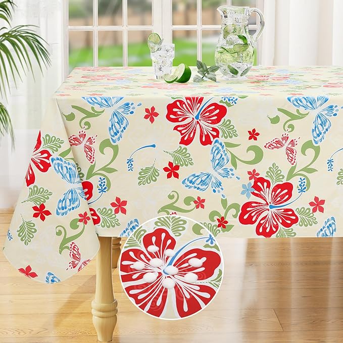 misaya Rectangle Waterproof Vinyl Table Cloth, Wipeable Tablecloth with Flannel Backing, Plastic Table Cover for Dinner, Picnic, Indoor and Outdoor (Butterfly, 60" x 84")