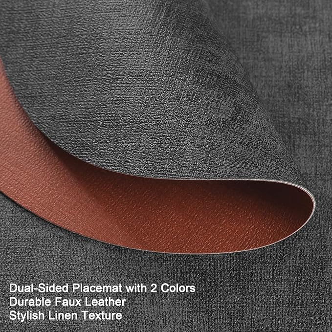 Placemats and Coasters, Washable Reversible Placemats Round Faux Leather Wipeable Place Mats Non Slip Heat Resistant Indoor Outdoor Table Mats (Set of 6, Gray Terracotta)