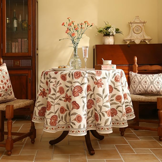 ISAENNE Designer French Round Tablecloth,Linen Orange Floral Pattern Indoor Table Cloth,Wrinkle Resistant Decor Table Cloth for Dining Thanksgiving Kitchen Party,Diameter 67"-Alvarado D