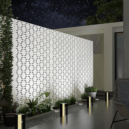 Casaphoria 72" H x 47" W Metal Outdoor Privacy Screen, Freestanding Decorative Divider for Patio, Deck, Balcony, and Garden with Stable Base, White Brick