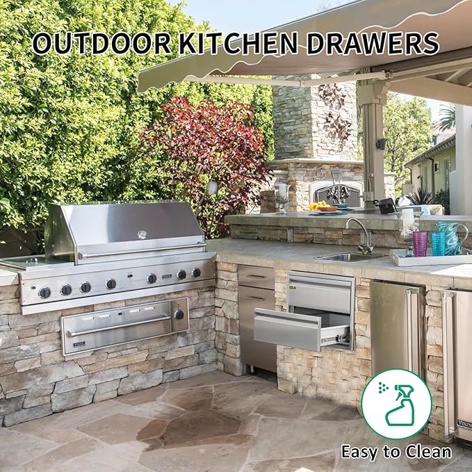 Outdoor Kitchen Drawers 18" W x 13" H x 21" D Stainless Steel Double Drawers with Hidden Handle for BBQ Island, Patio Grill Station & Outdoor Kitchen Cabinets