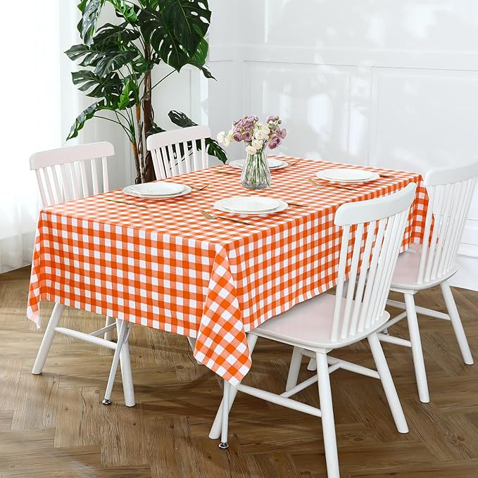 Romanstile Rectangle Vinyl Tablecloth, 100% Waterproof Buffalo Gingham Plastic Table Cloth, Heavy Duty Wipeable Checkered Table Covers for Outdoor, Camping, Picnic, Patio - 54 x 78, Orange and White
