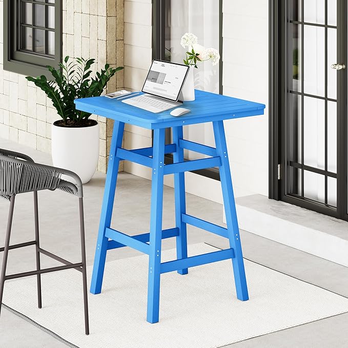 Costaelm Outdoor Bar Table, 42" Counter Height Square Patio Cocktail Bar Table with Umbrella Hole, Patio Bistro Dining Pub Table for Front Porch Deck Backyard Garden, Pacific Blue
