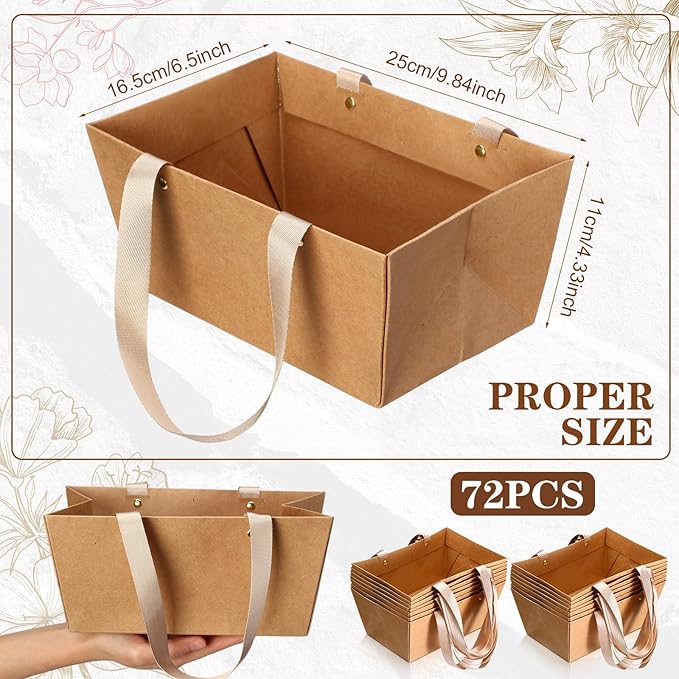 Glenmal 72 Pcs Baskets for Gifts Waterproof Empty Kraft Basket Bulk with Handles 9.8 x 6.5 x 4.3'' Gift Basket Empty to Fill for Wedding Party Christmas Valentines(Brown)