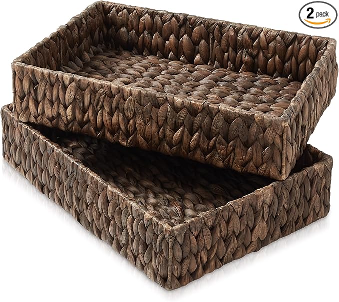 Casafield Set of 2 Bathroom Storage Baskets, Espresso - Water Hyacinth, 15.75" W x 11.25" D x 3.25" H, Woven Toilet Tank Topper Bins for Organizing Tissues, Toilet Paper, Toiletries, Shelves