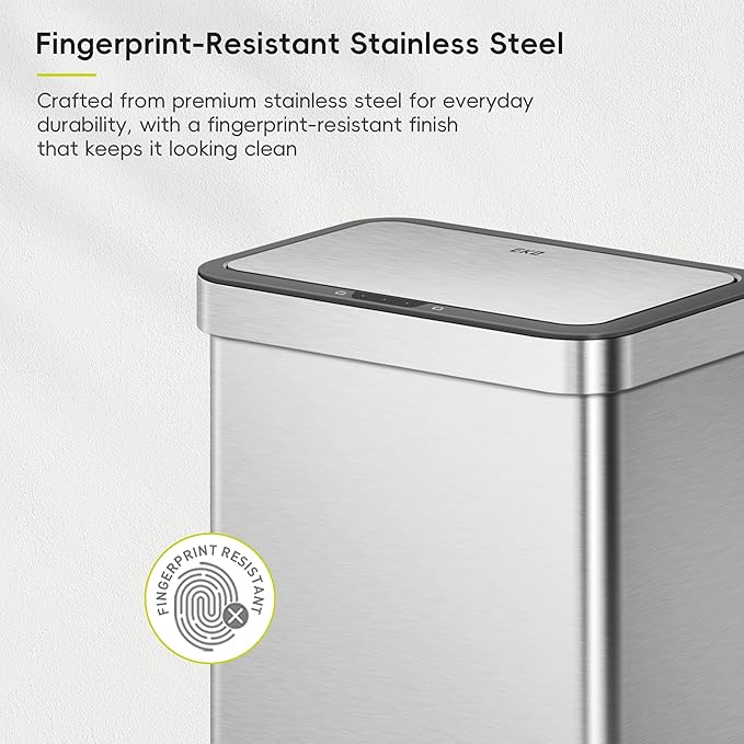 EKO Econova 30L+30L Dual Compartment Motion Sensor Trash Can, 16 Gallon Automatic Kitchen and Recycling Bin, Soft-Close Lid, Fingerprint-Resistant Stainless Steel Garbage Bin, 2 Inner Buckets