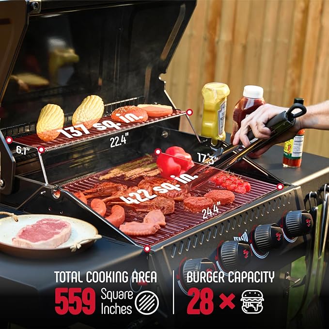 4-Burner Gas BBQ Grill with Side Table, 36,000 BTU Outdoor Propane Grill with Enameled Coated Chamber Body, Premium Porcelain-Enameled Grates for Backyard, Patio, Camping Barbecue, Black
