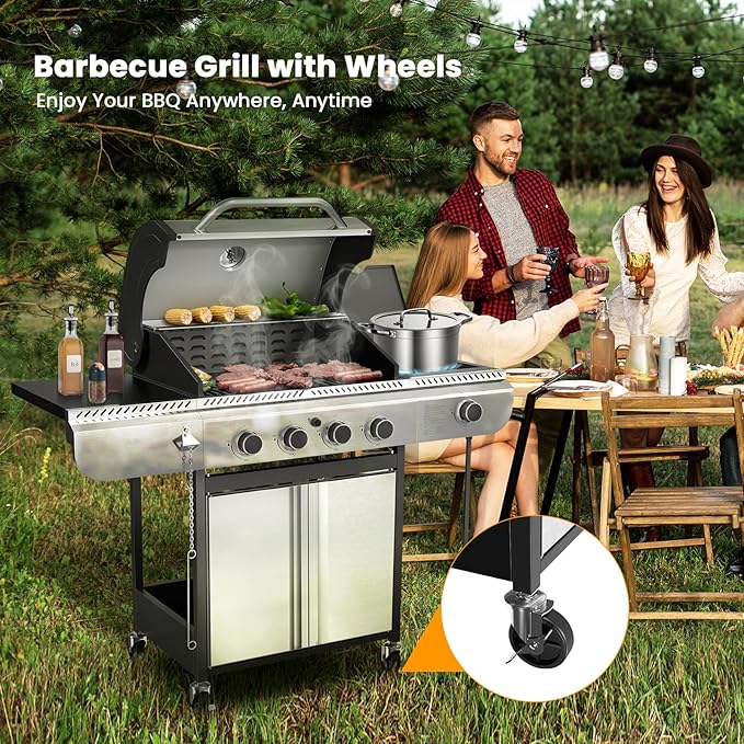 4-Burner Gas Grill with Side Burner,Stainless Steel Propane Grill with Porcelain-Enameled Grills,Built-In Thermometer,42000BTU BBQ Grill for Outdoor Cooking and Patio Barbecues