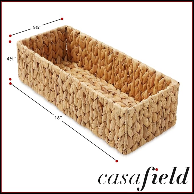 Casafield Set of 2 Bathroom Storage Baskets, Natural - Water Hyacinth, 16" W x 6.75" D x 4.25" H, Woven Toilet Tank Topper Bins for Organizing Tissues, Toilet Paper, Toiletries, Shelves
