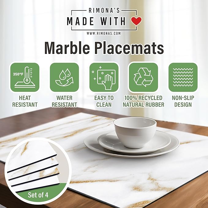 RIMONA'S Heat Resistant Marble Placemats Set of 4 - Waterproof, Heat Proof Table Protector, Non-Slip, Ideal for Gifting, Mother-in-Law Gift, White Marble Hard Placemats