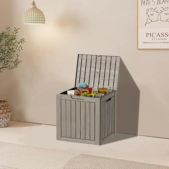 35 Gallon Resin Deck Box, Waterproof Outdoor Storage Box for Patio, Poolside, and Garden, Lockable UV-Resistant Storage Bin Bench Cabinet for Small Spaces, Grey