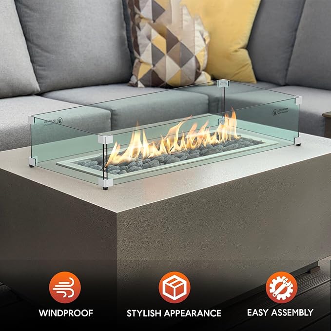 Skyflame 30 x 14 Inches Rectangular Fire Pit Glass Wind Guard for Outdoor