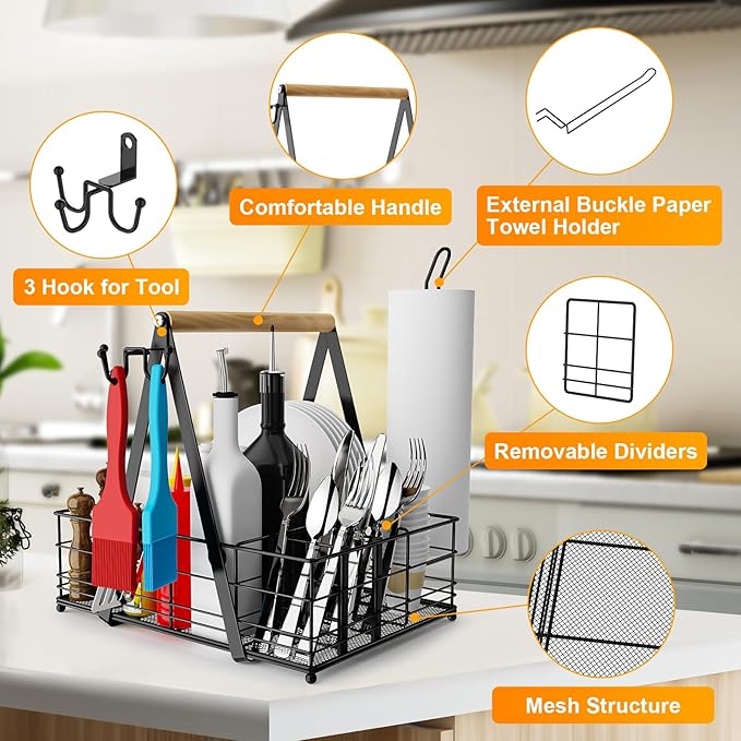 Grill Caddy, BBQ Caddy for Outdoor Grill with Paper Towel Holder, Picnic Utensil Caddyfor Outdoor Kitchen, RV, Patio, Tailgate, Camping Essentials, Grilling Gifts for Men, Barbecue Tool Sets