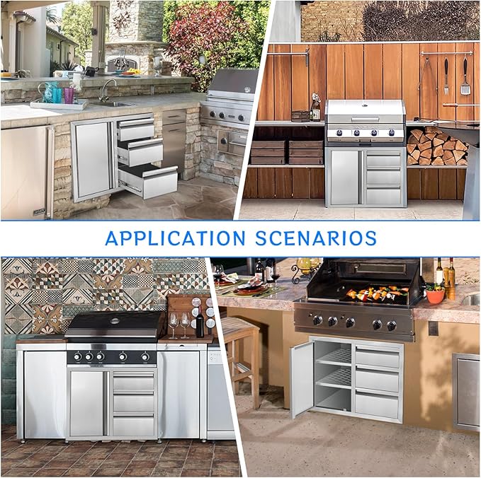 Outdoor Kitchen Drawer Combo Cabinet, Stainless Steel Triple Drawers with Integrated Access Door, 28" W x 22" H x 19.5" D Outdoor Built-in Cabinet for BBQ Island Grill Stations