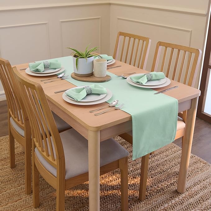 Encasa XO Table Runner 13"x91" Long | Cotton Canvas Fabric | Mint Green Solid Color | Machine Washable & Durable