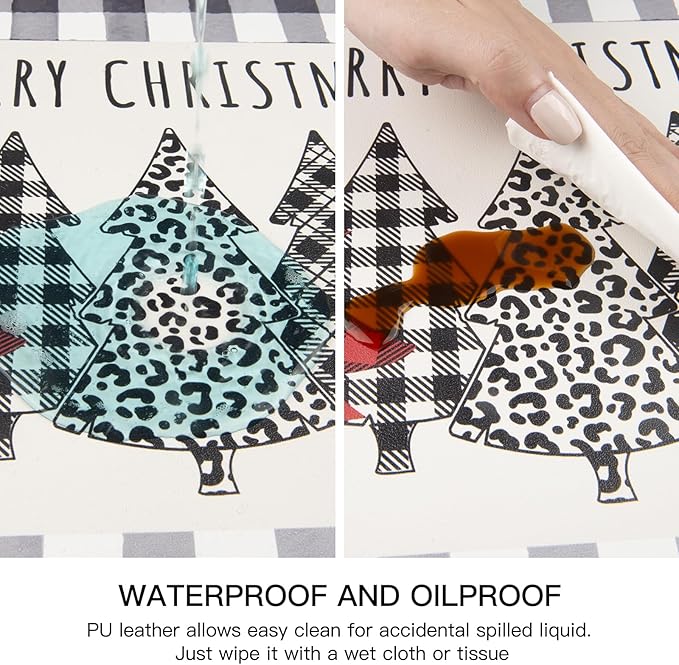 QIYI Christmas Placemats Set of 6, 12x18 Inch PU Leather Place Mats for Kitchen Dinning, Heat Resistant Anti Slip Buffalo Plaid Table Mats, Waterproof Washable Placemat Party Table Décor, Xmas Trees