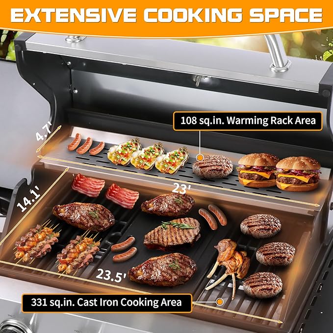 CIG GARDEN 4 Burner Propane Gas Grill with Side Burner, 52,000 BTU BBQ Grill with Cast Iron Grates and Double-layer Stainless Steel Lid, Outdoor Barbecue Grill Perfect for Balcony, Backyard, Camping