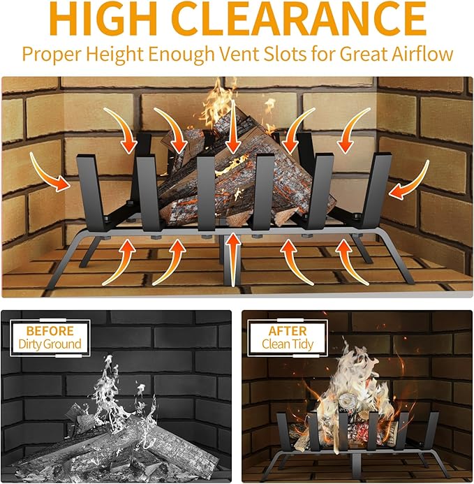 Heavy Duty 30Inch Fireplace Grate, Solid Steel Log Rack for Wood Burning, Extra Wide Firewood Grates for Indoor Fireplace & Outdoor Fire Pit, Wood Stove Grate
